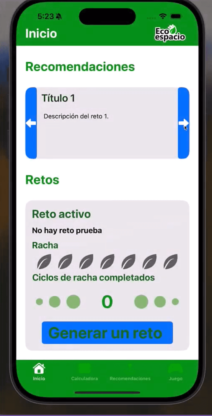 EcoLife home screen with sustainability recommendations, active challenge and streak