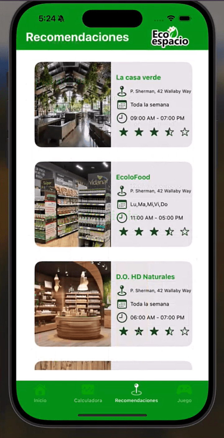 EcoLife sustainable-place directory with business cards and schedules