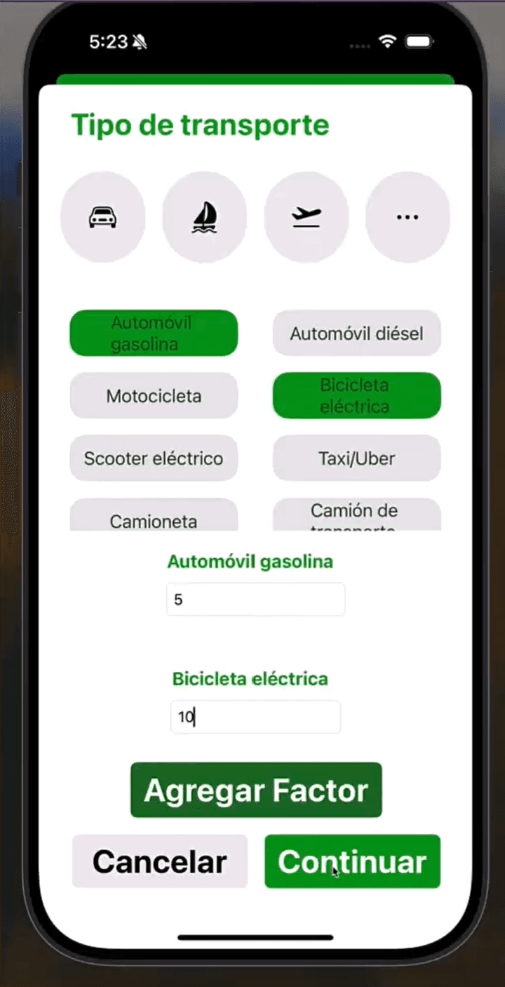 EcoLife transport activity selection and value entry