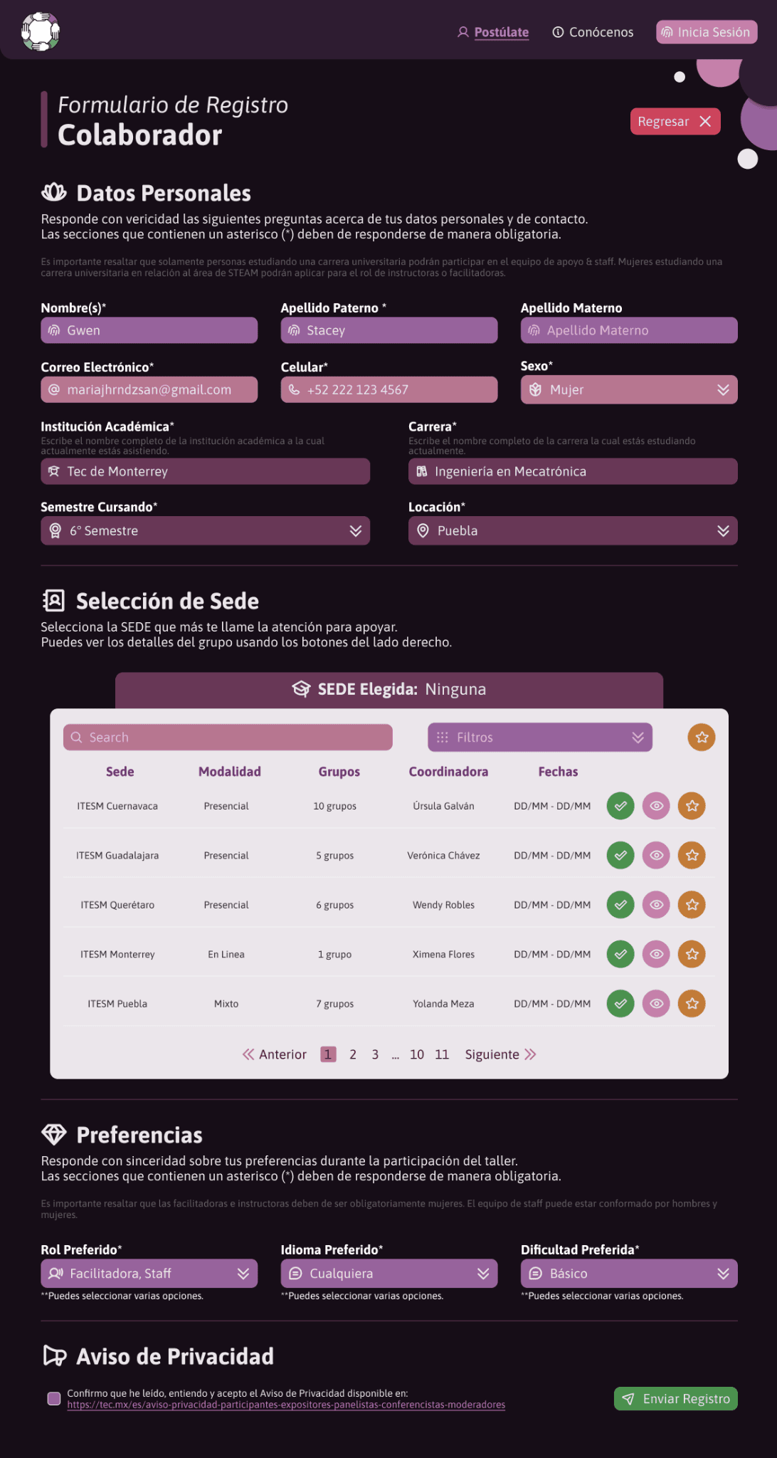 Long collaborator registration form with personal, venue and preference sections