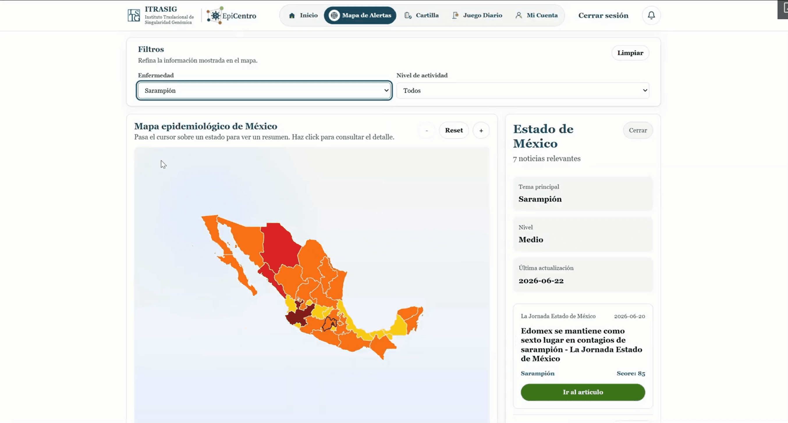 EpiCentro map filtered for measles with the State of Mexico summary and related article