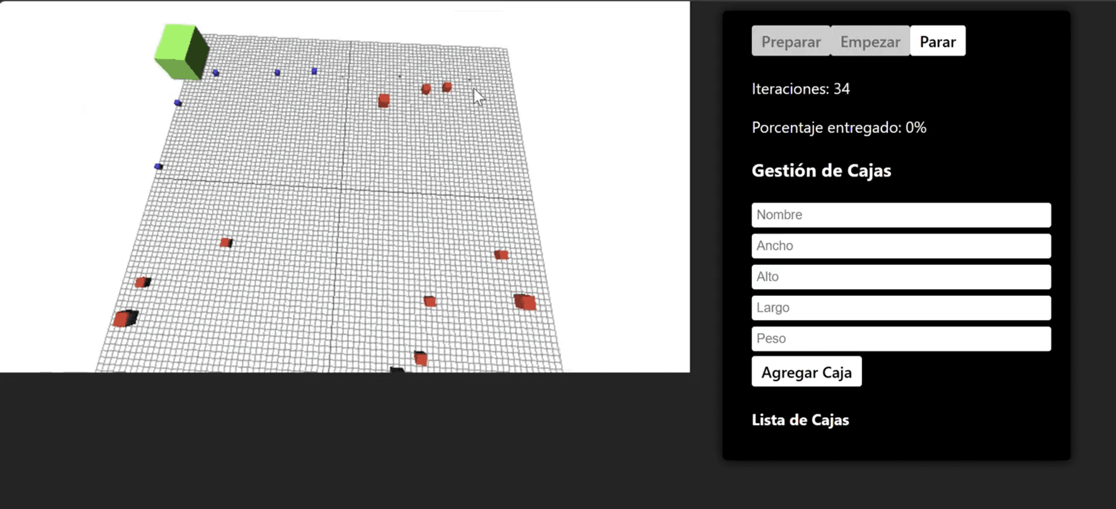 Textured 3D warehouse simulation with robots, packages and a cargo loading area.