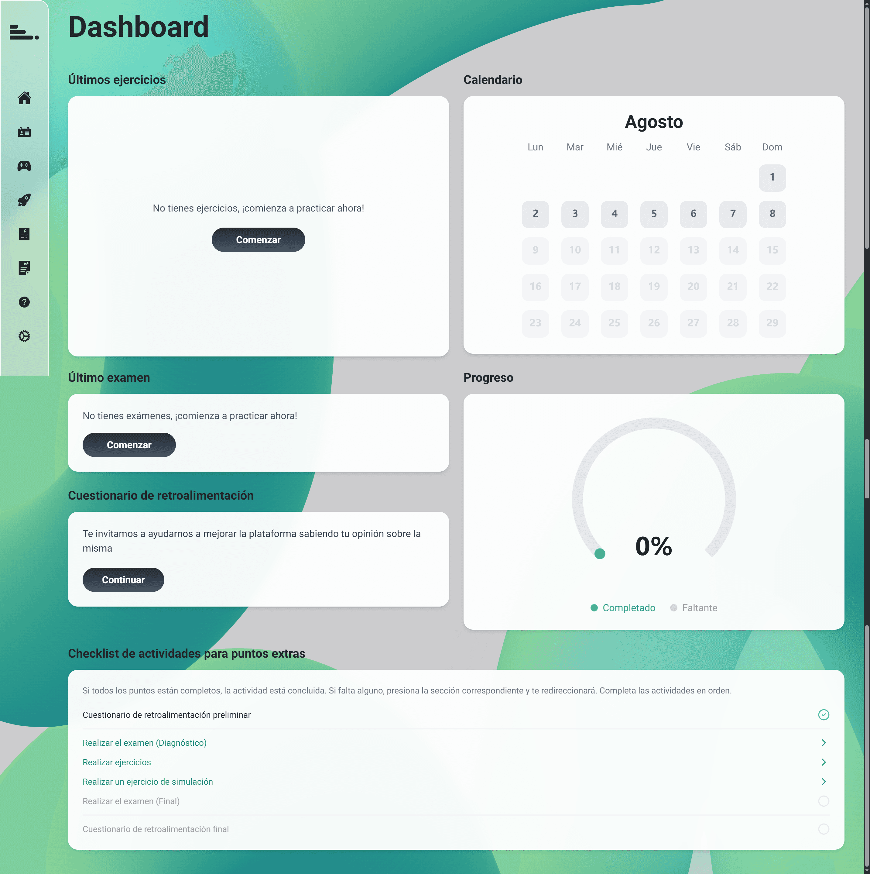 OWARU student dashboard showing exercises, calendar, assessment, feedback and progress